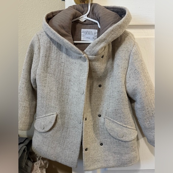 Zara Other - ZARA Kids Cream Herringbone Hooded Pea Coat